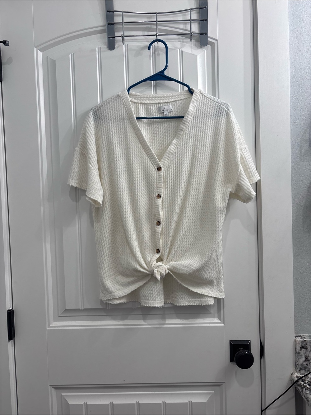 Waffle Knit Button-Front Tie Top - Cream